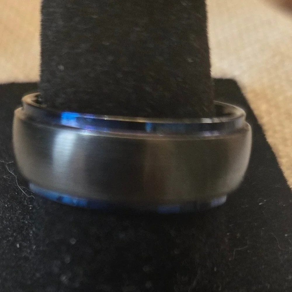 Mens Tungsten Carbide Ring Black Brushed Blue Stepped Edge Band Size 9 Wedding